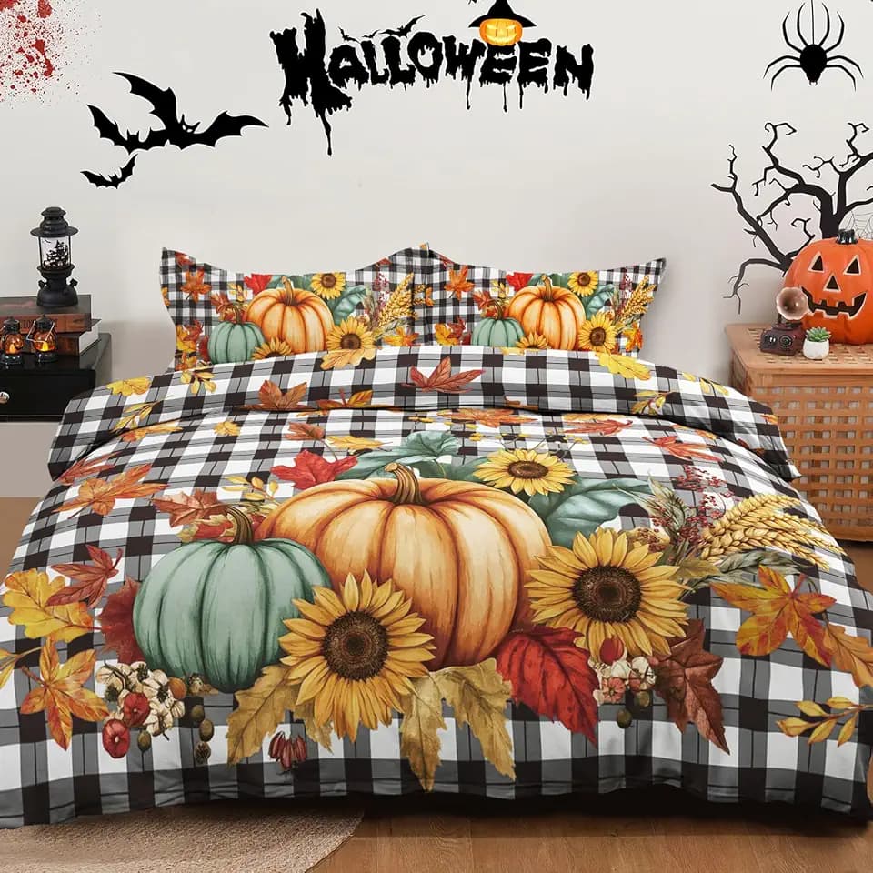 WONGS BEDDING Fall Bedding King Size, 3 Pcs Halloween Theme Duvet Cover Set