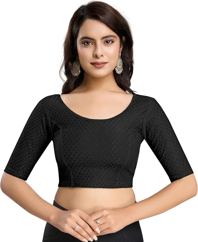TRENDMALLS Women's Dobby Pure Cotton Stretchable Readymade Elbow Length Sleeves Saree Blouse Ready to Wear