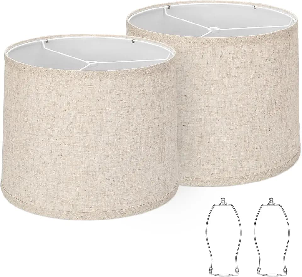 Lampshades Set of 2, Drum Lampshades 11.6" Top x 12.6" Bottom x 9.8" High, Seaside village Medium Lampshades (Spider Fitter), Beige Lampshades Natural Linen Hand Crafted, Easy Assembly Required