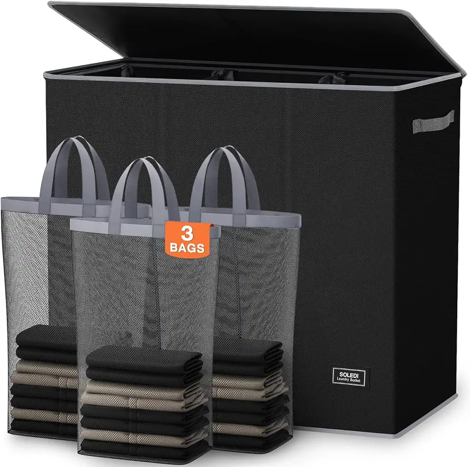 SOLEDI 180L Wäschekorb, Wäschesammler mit Deckel, 3 Fächer und 3 Wäschesack - Großer XXXL Wäschesortierer für Badezimmer, Schlafzimmer, Wäschekammer, Kinderzimmer - 3 x 60L