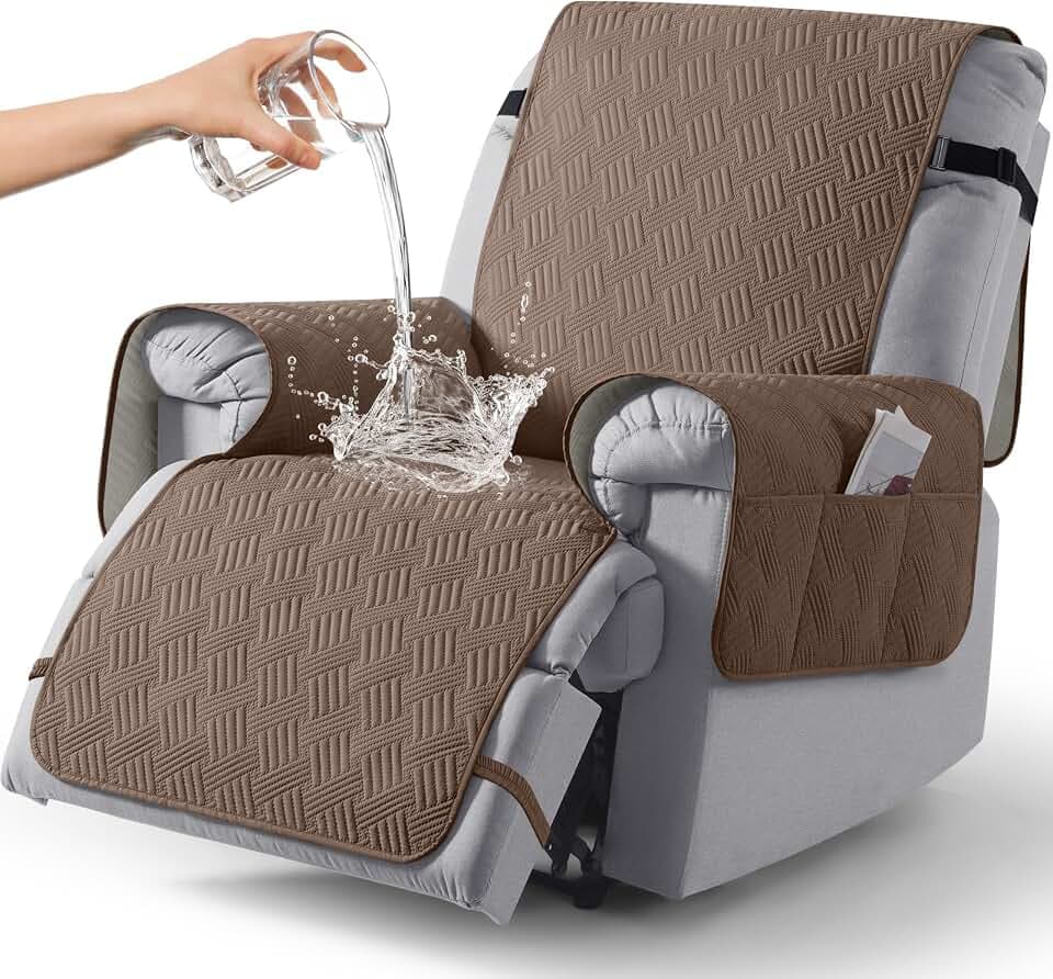 KinCam Wasserdichter sesselschoner für Fernsehsessel, relaxsessel mit Tasche elastischen Bändern, Anti-Rutsch sesselbezug weich waschbar sesselüberwurf 1 Sitzer für Kinder, Haustiere Braun