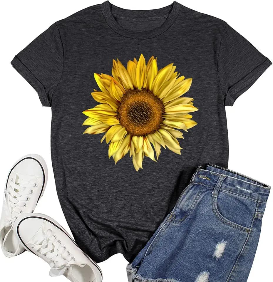 tiorhooe Damen Sonnenblumen Shirt Blume Muster T-Shirt Frau Nette Casual Kurzarm Tops