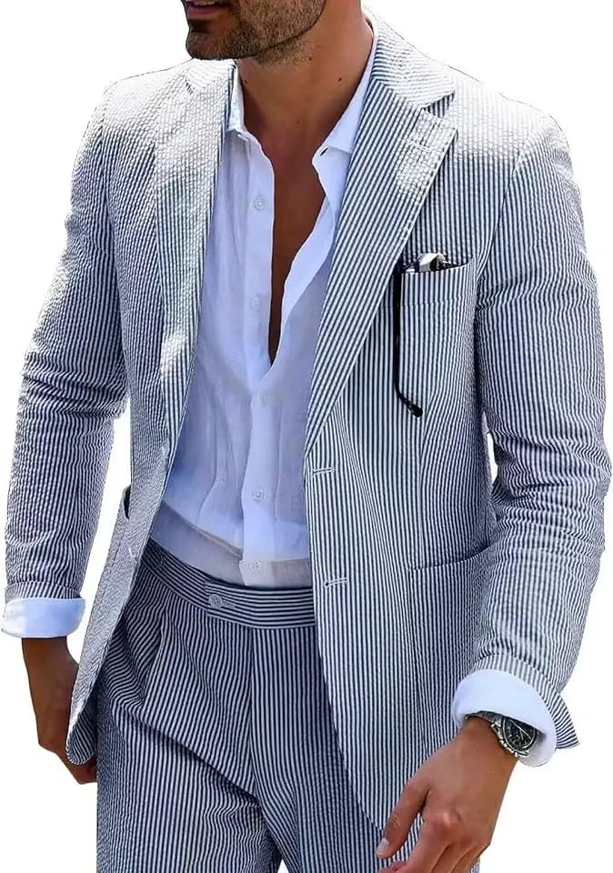 Seersucker Mens Suit 2 Piece Slim Casul Summer Beach Blazer Jacket Pant Tux