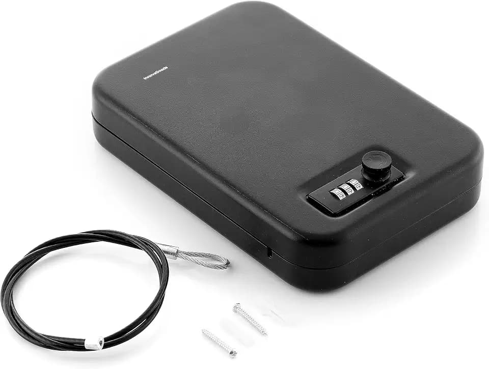 InnovaGoods - Portable Safe with Security Cable, Manual Combination Lock, Rugged and Versatile, Security Cable Included, Black, 24.5x5.5x16.5 cm