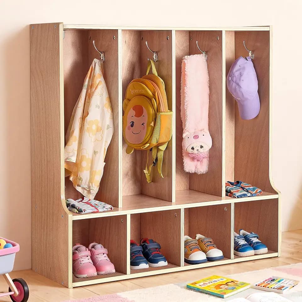 VEVOR 4-Section Coat Locker with Bench, Kids Lockers with 8 Hooks & Non-Slip Mat, Classroom Cubbies for Daycare, Home, Kindergarten- Natural