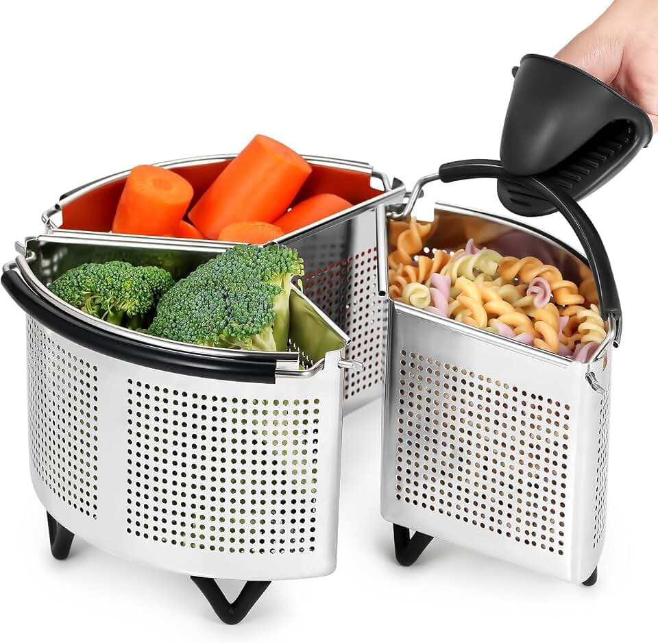 ecooe Nudelsieb Edelstahl, 3 Stück Getrennten Dampfgarer Einsatz mit Griff und Boden, Silikonhandschuhe, Dünsteinsatz Topf für Kochen von Nudeln, Gemüse und Eiern (19cm)