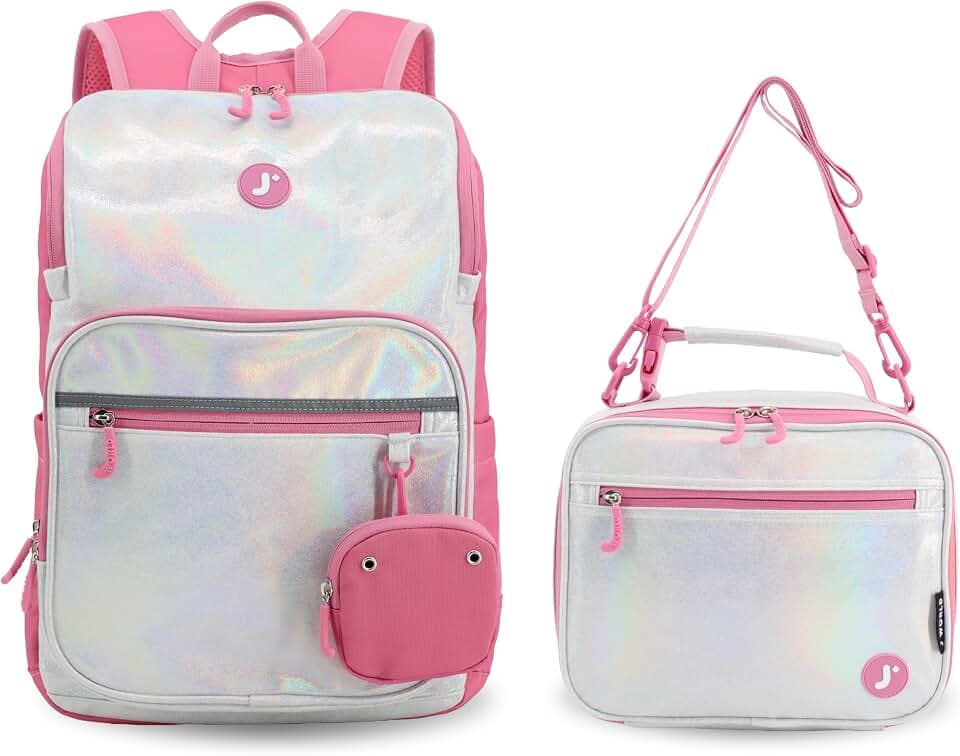 J World New York Junior Set Kids Backpack with Lunch Box. School Bookbag and Lunch Bag, Metallic Silver