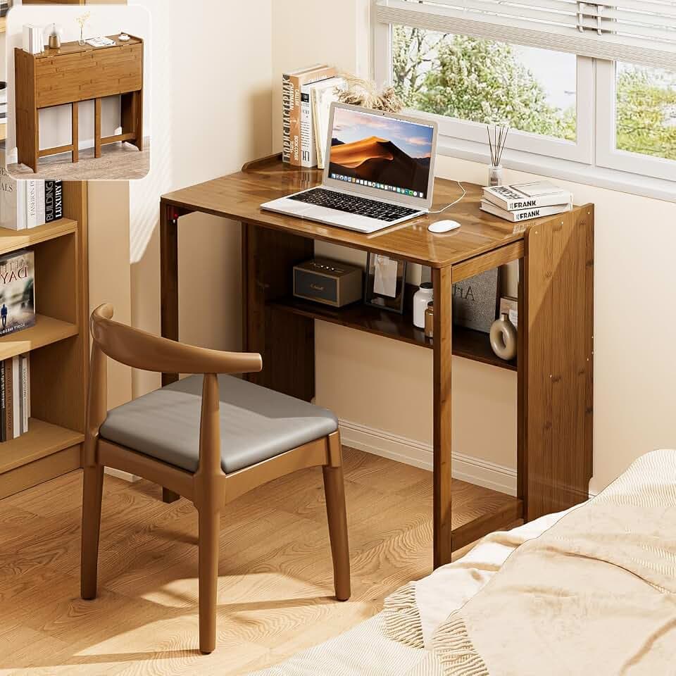 Bamboo Folding Desk for Small Spaces, Small Computer Foldable Desk, Brown