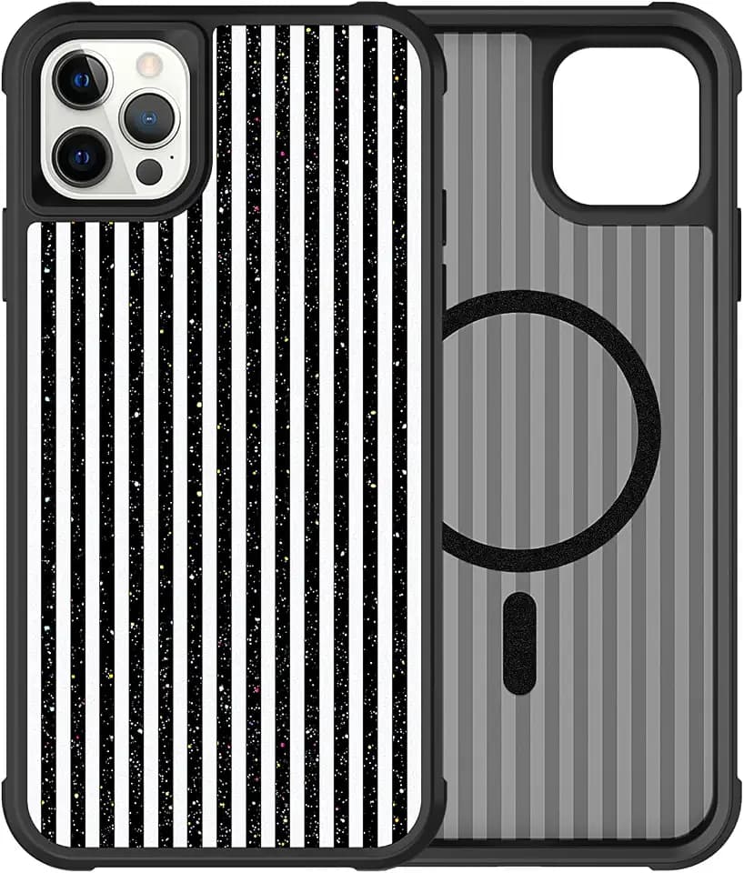 STERKER for iPhone 12 Case & iPhone 12 Pro Case Cute Glitter Striped Phone Case Hard PC & Soft TPU Edge Slim Shockproof Stylish Phone Cover for Women Girls | Compatible with MagSafe, Black