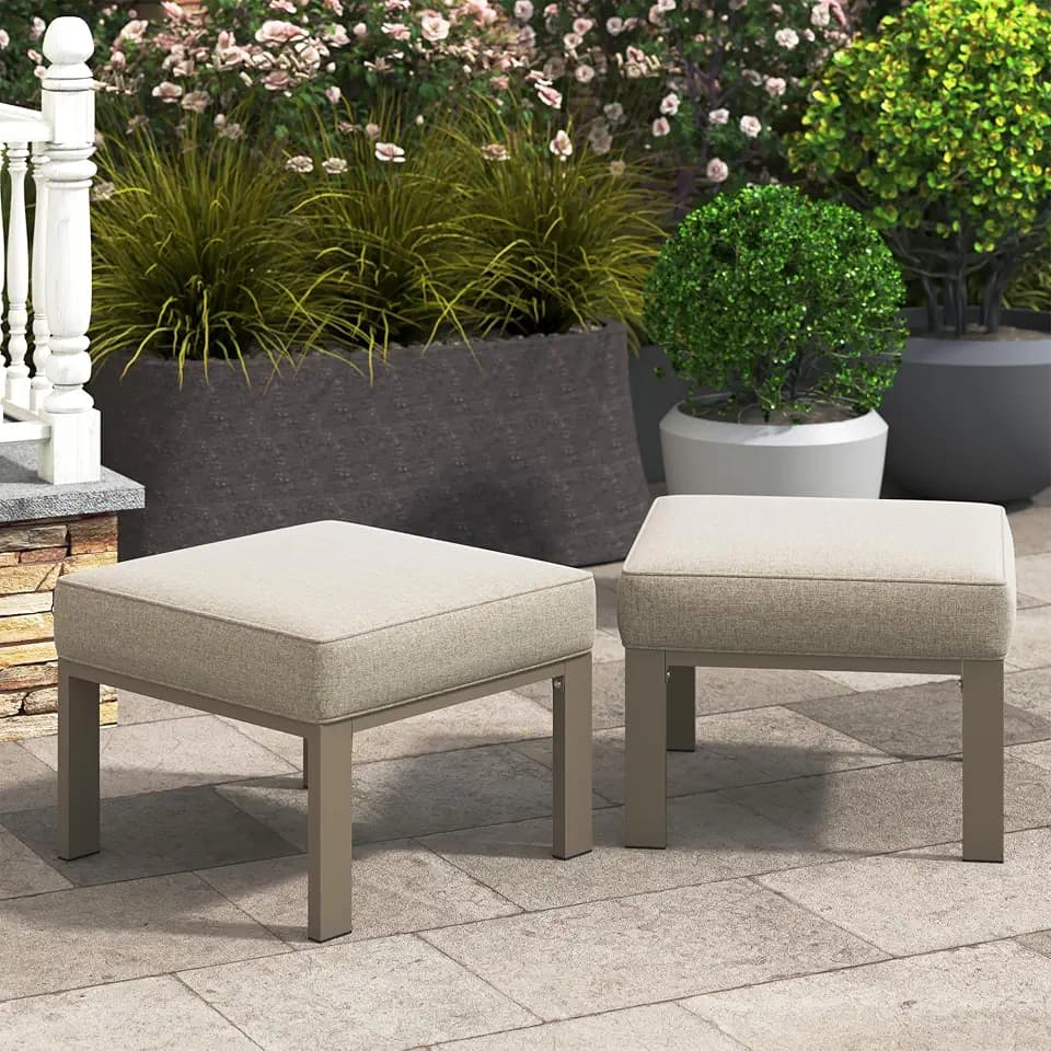 Wisteria Lane Metal Patio Furniture Footstools Set of 2, Oversized Outdoor Ottomans with Upgraded Cushions, All-Weather Outdoor Footrest Seat for Balcony, Garden, Deck, Backyard, Kahki and Light Gray