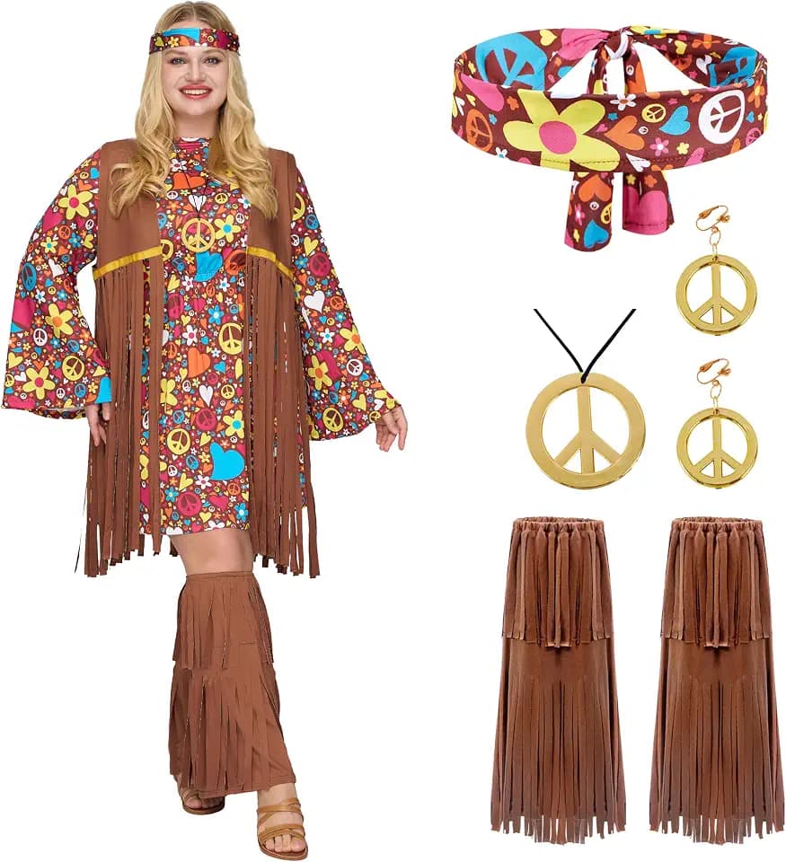Spooktacular Creations Hippie-Kostümset für Damen, Set, Stirnband, Ohrringe, Kleid, Weste, Socken, Stiefel Überzüge 70er-Jahre-Hippie-Kleidung für Halloween-Ankleideparty, Cosplay – M