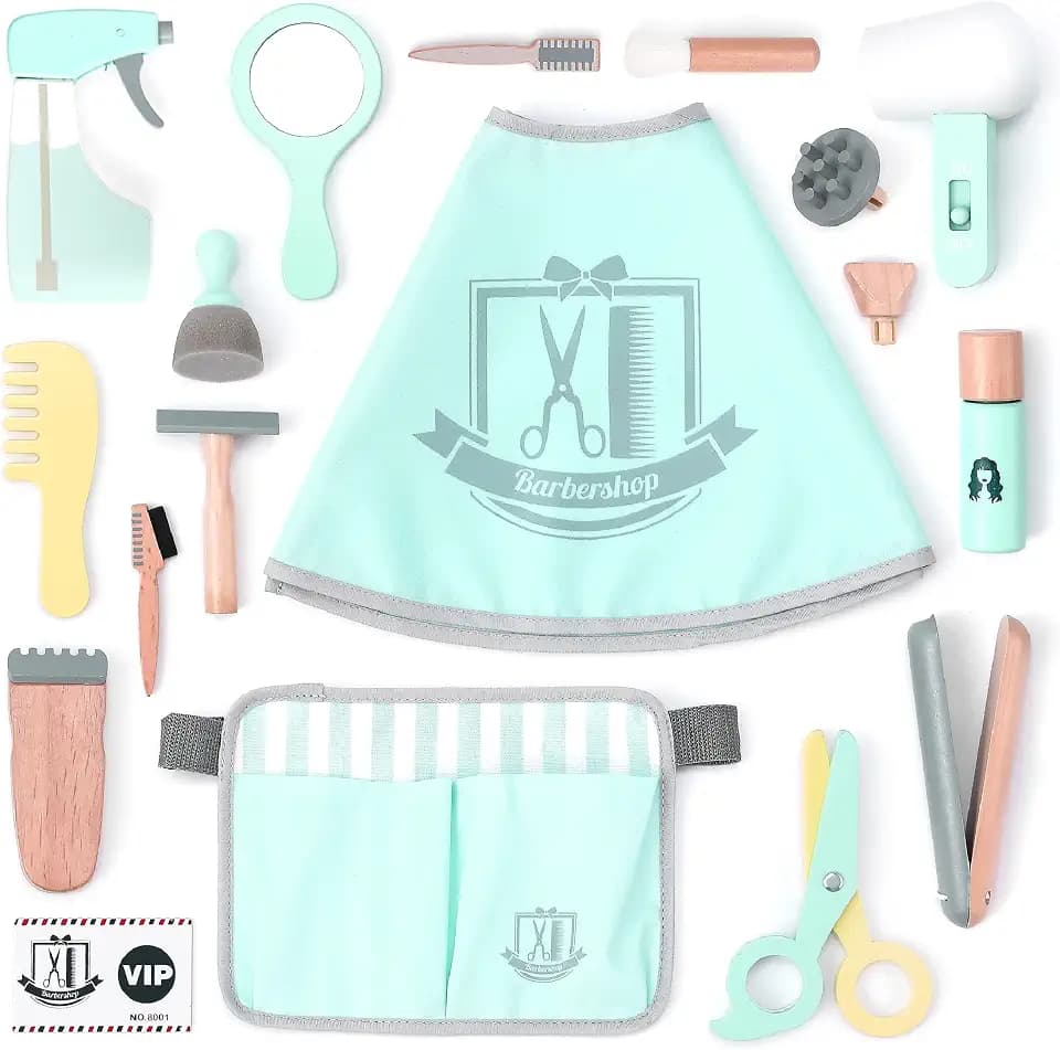 UMU® Kinder Holz Friseur Spielset mit Tasche für Friseurwerkzeuge inkl. Friseurumhang, Schere, Haarglätter, Spiegel u. v. m., Spielzeug Set zum Rollenspiel, 18 Stk Friseurbedarf, für 3, 4, 5 Jahre alt