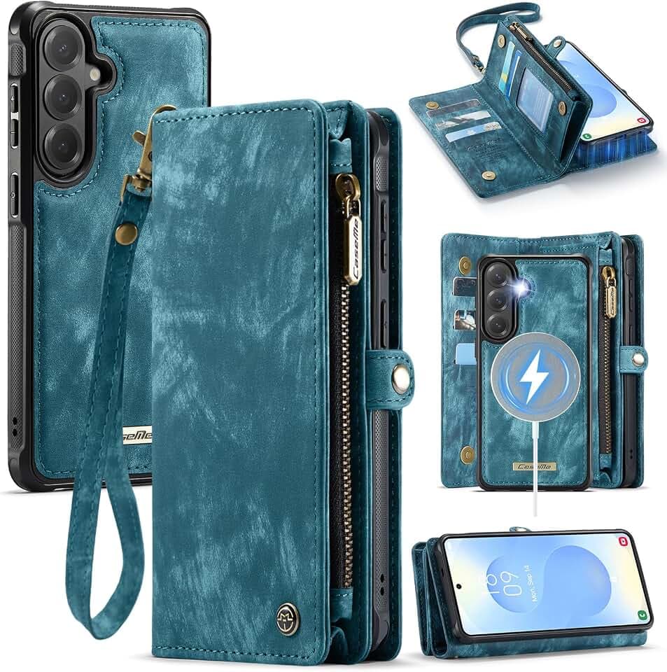 Compatible with Samsung Galaxy S26 5G Wallet Case with Magsafe with Zipper & Card Holder Strap Wristlet Detachable Magnetic Protective Back Case for Samsung Galaxy S26 5G 6.3 Inch (Blue)