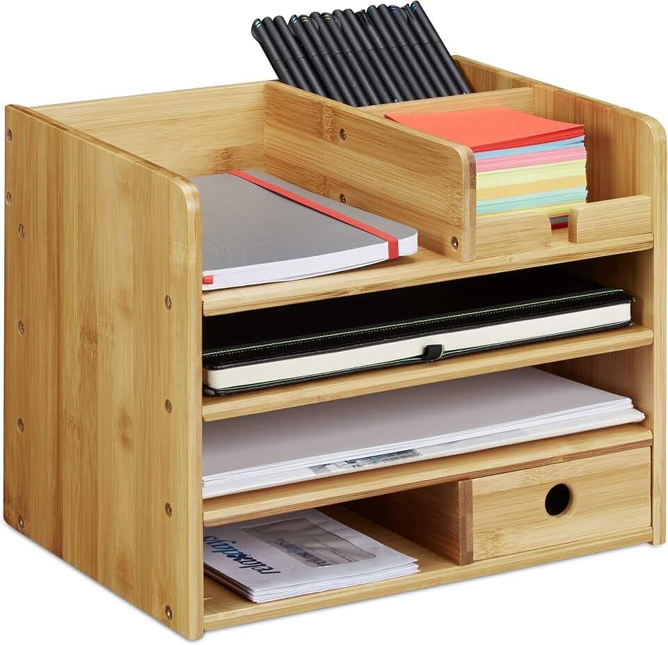 Relaxdays Schreibtisch Organizer, Briefablage A4, Bambus