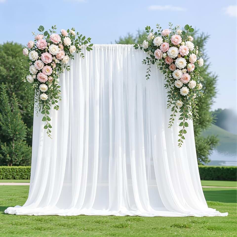 FUHSY Chiffon Backdrop Curtain White 2 Panels 29x120 Inches Long Chiffon Fabric Drape Sheer Voile Window Curtains for Living Room Wedding Drapes for Backdrop Party Background for Stage Arch Decoration