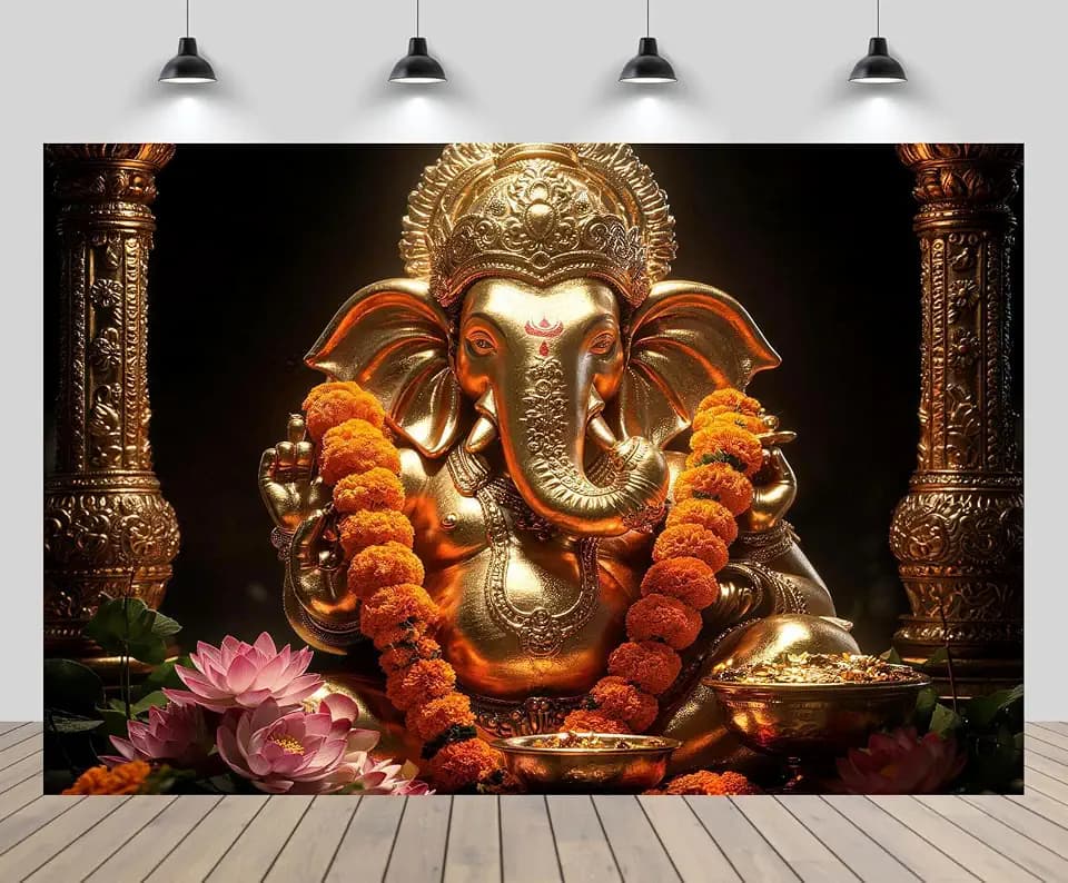 7x5ft Golden Ganesha Statue Garland Lotus Backdrop