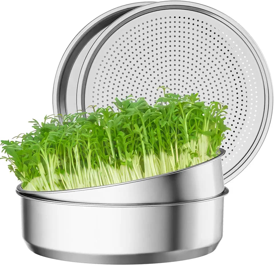 FANHAO 2 Pack Stainless Steel Seed Sprouter Trays, Food-Grade Microgreens Growing Tray, Soil-Free Cultivation Germination Tray for Indoor or Outdoor Sprouting Seeds, Grow Grass, Beans (Without Lids)