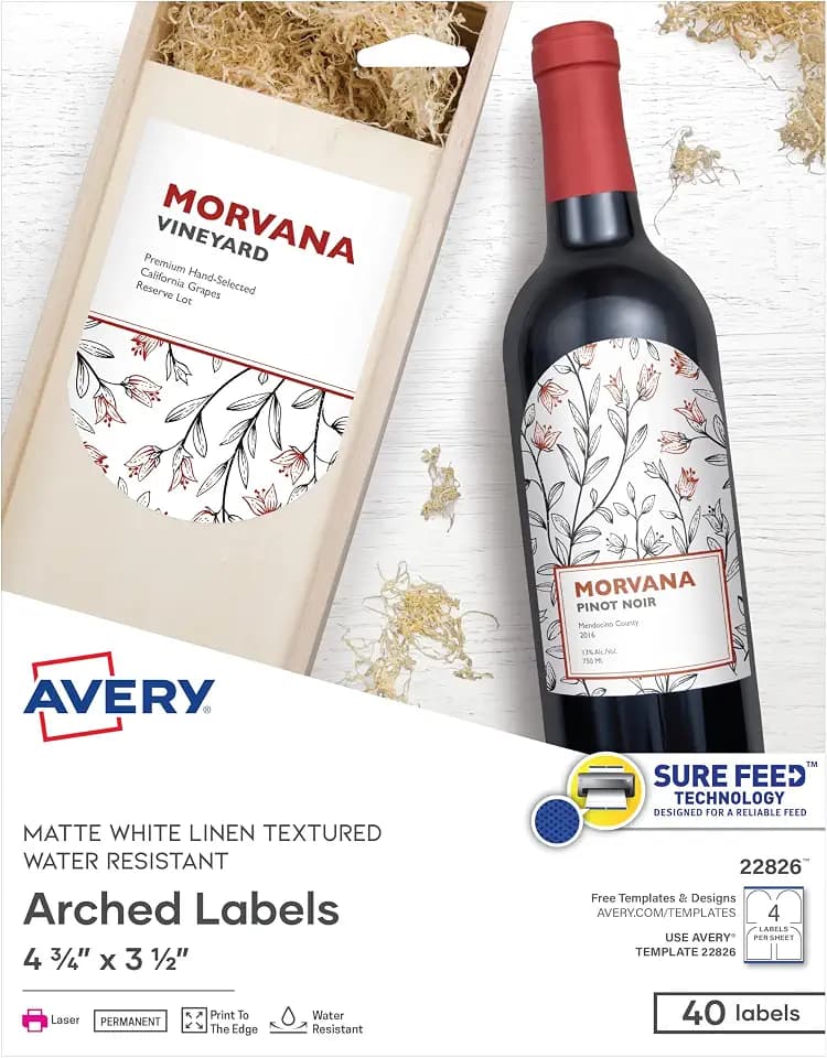 Avery Arched Wine Labels, Sure Feed Technology for Laser Printers, 4.75" x 3.5", 40 White Labels (22826)