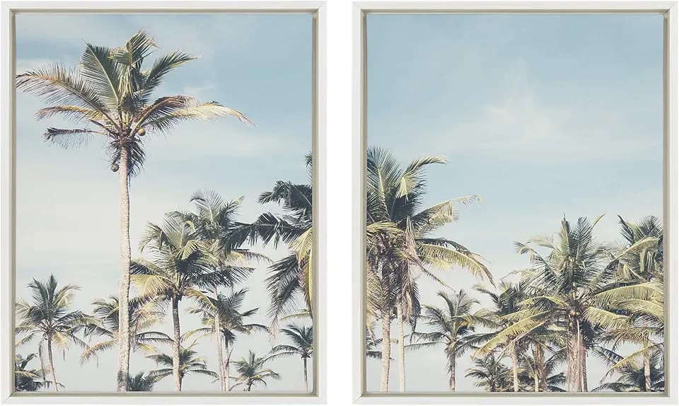 Kate and Laurel Sylvie Coastal Coconut Palm Tree Beach Framed Canvas Wall Art Set by The Creative Bunch Studio, 2 Piece 18x24 White, Coastal Beach Art for Wall