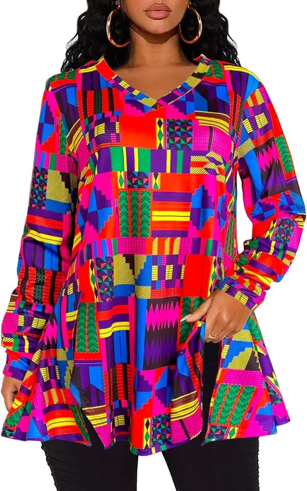 Afibi V Neck Long Sleeve Tunic Tops for Women Loose Fit Dressy for Leggings African Dashiki Shirts
