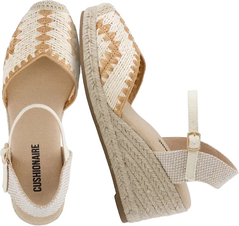 CUSHIONAIRE Samba Raffia Espadrilles for Women, Closed Toe Wedges with Adjustable Ankle Strap and Comfort Footbed