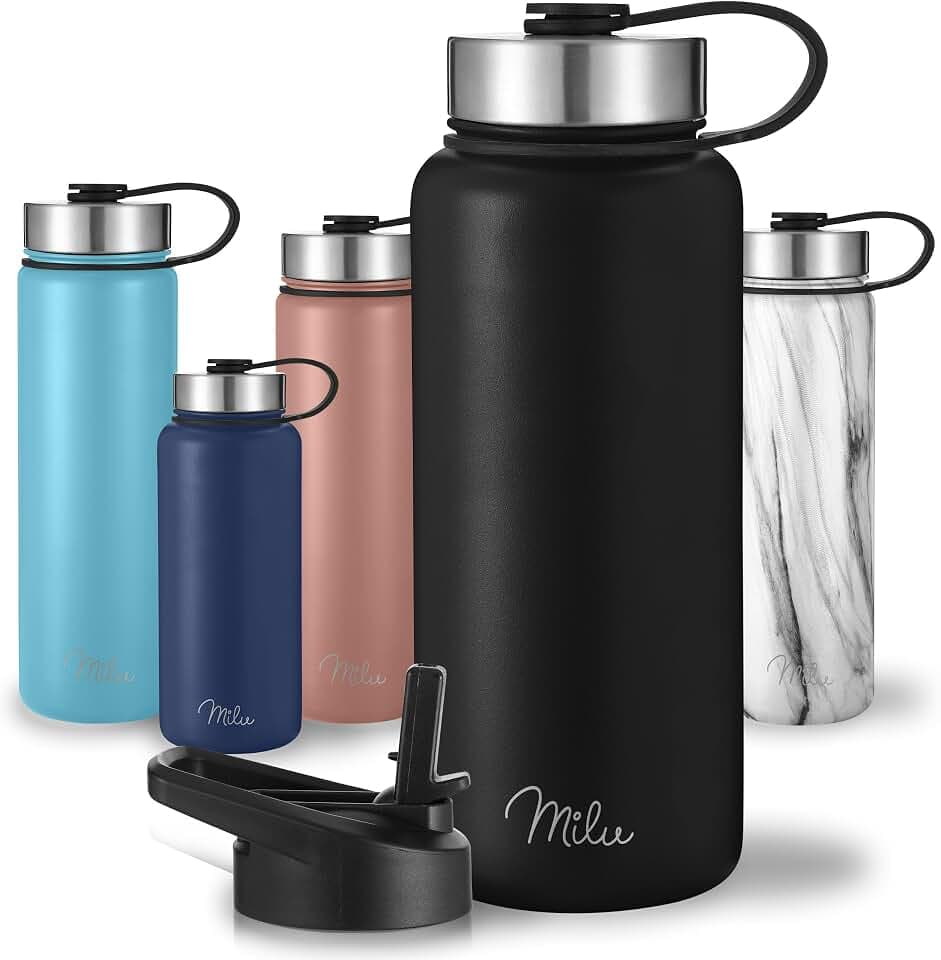 Milu Edelstahl Trinkflasche 500ml, 750ml, 1000ml (+3 Deckel) - Thermosflasche mit Strohhalm, Isolierte Wasserflasche, Auslaufsichere Isolierflasche doppelwandig, Kohlensäure geeignet (Schwarz, 1000ml)