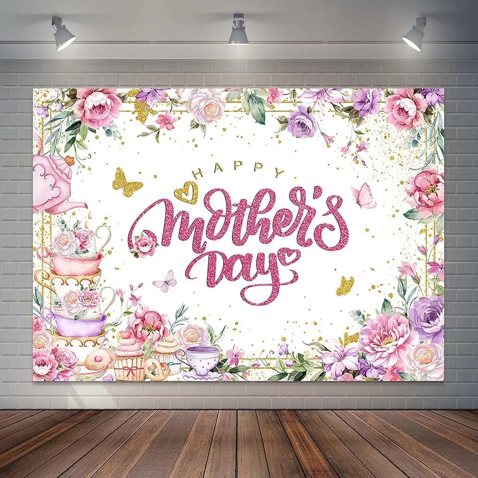 Mothers Day Tea Party Backdrop Pink Purple Floral High Tea Party Decorations for Mom Happy Mother's Day Photography Background Cake Table Banner (7x5ft)