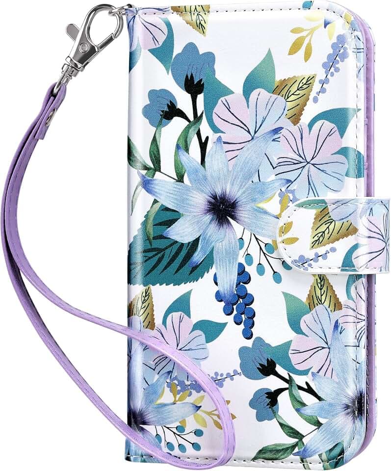 ULAK Hülle für iPhone 14 Klapp-Brieftaschenhülle 6,1 Zoll, Blau-Blumen