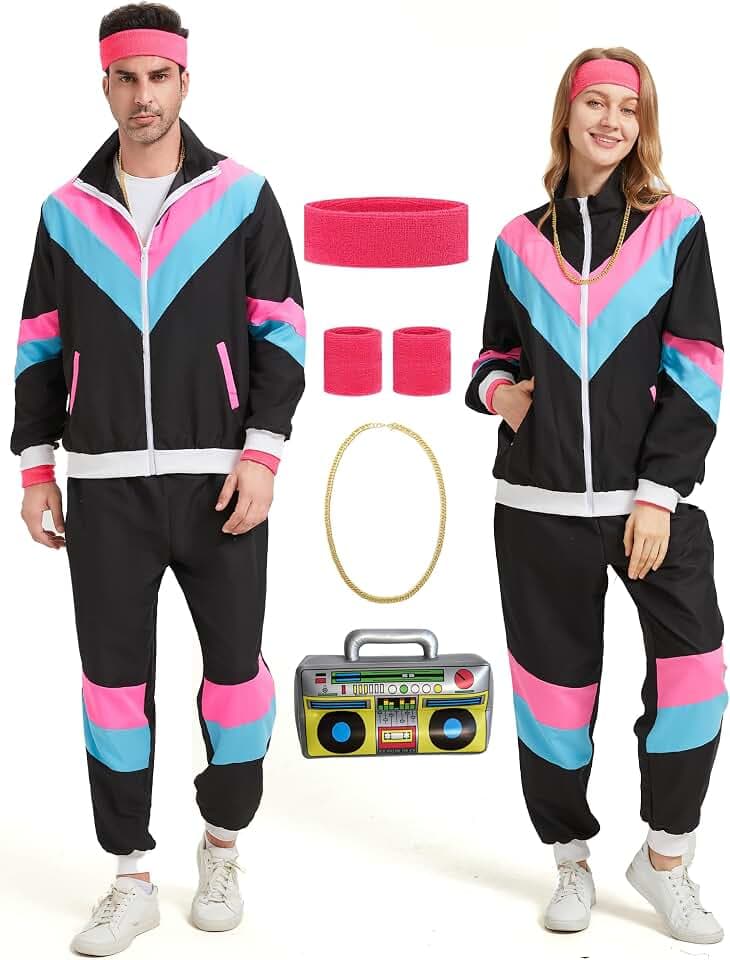 80er 90er Jahre Outfit Herren Damen 80er Trainingsanzug Jacke Hose Anzug, 90er Jahre Jogginganzug Herren, Retro 80er Jahre Kostüm für Erwachsene, 80s Tracksuit Men Women für Fasching Karneval