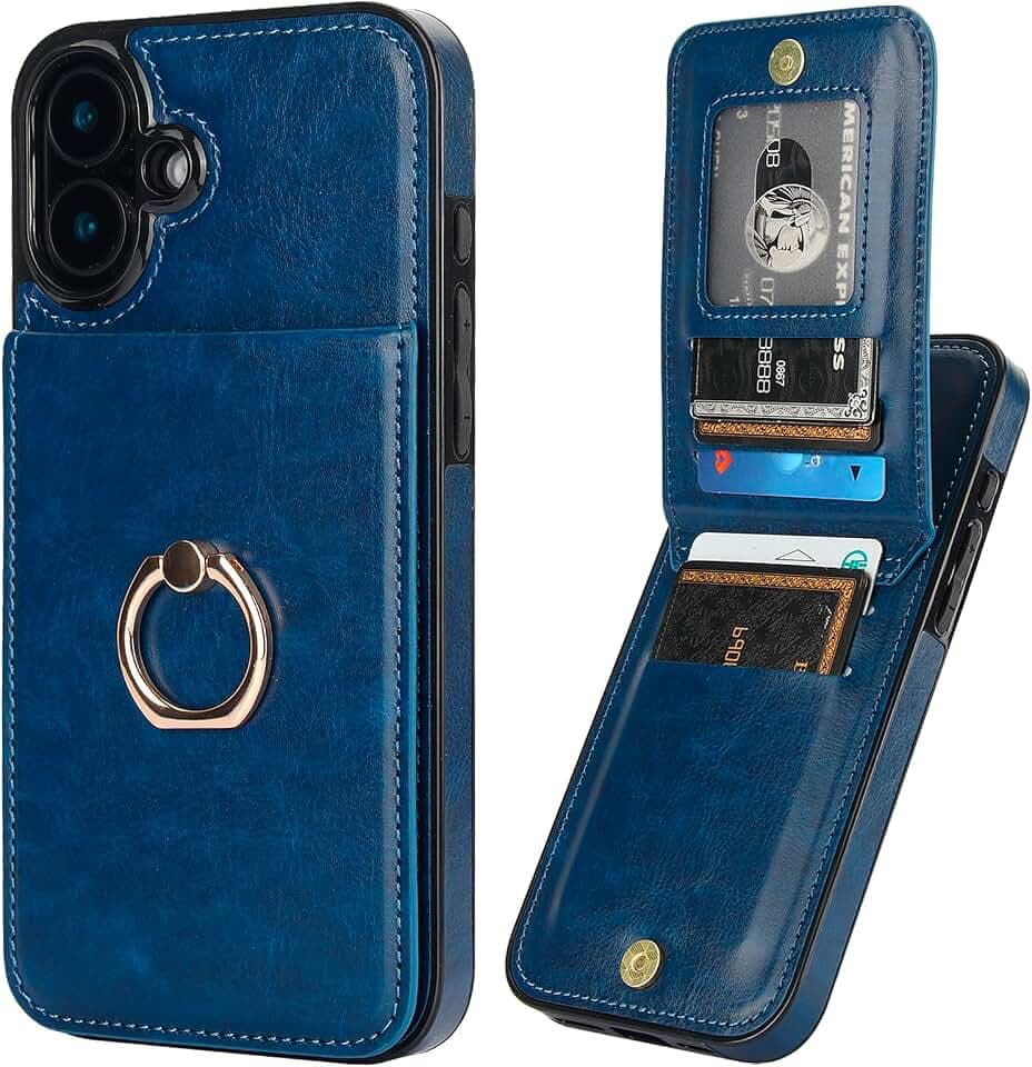 KIHUWEY for iPhone 16 Plus Wallet Case Card Holder Ring, Blue