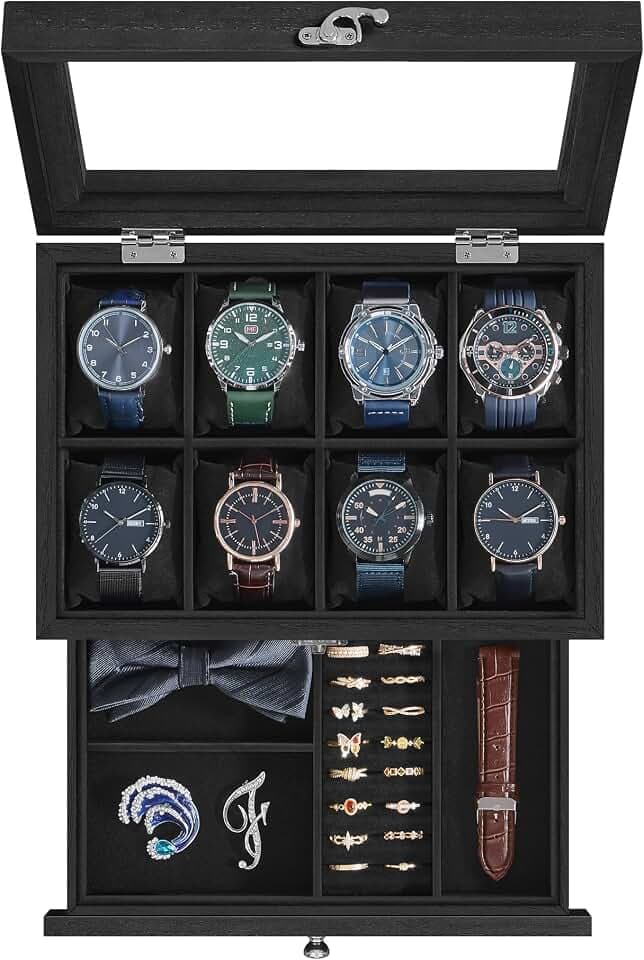 SONGMICS Uhrenbox mit 8 Fächern, aus Massivholz, mit Glasdeckel