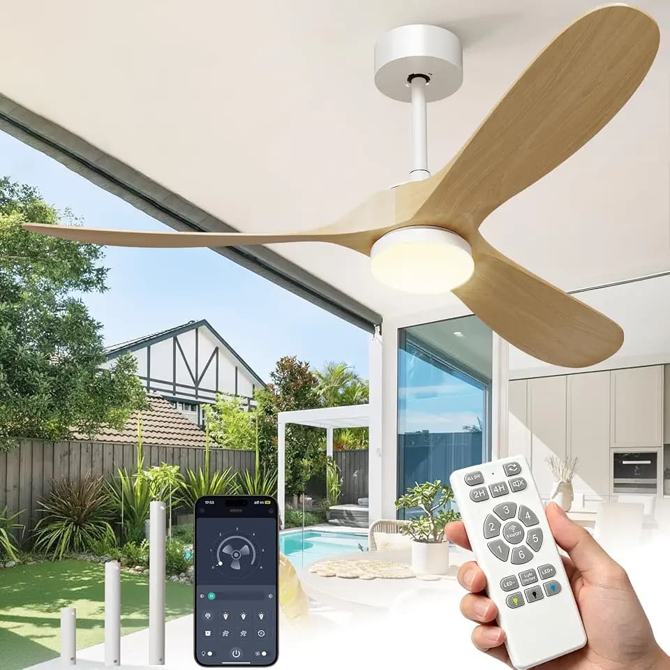 60 Inch Wooden Ceiling Fans with Lights and Smart Control, Natural