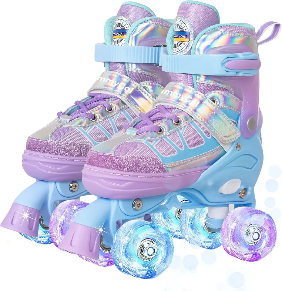 MammyGol Roller Skates for Kids Boys Girls, Adjustable Quad Skates with Light Up Wheels for Toddler Little Kids Ages 6-12, Beginners Outdoor Sports
