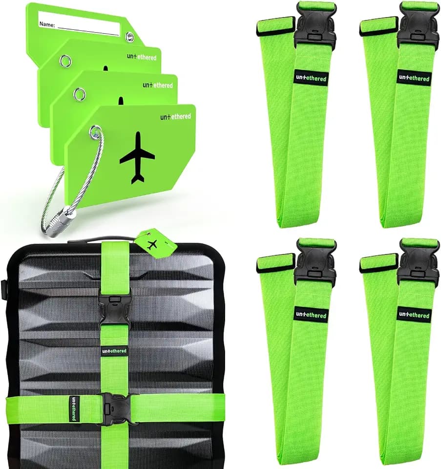 Untethered Travel Set: Luggage Straps & Silicone Tags, 4-Pack, Green