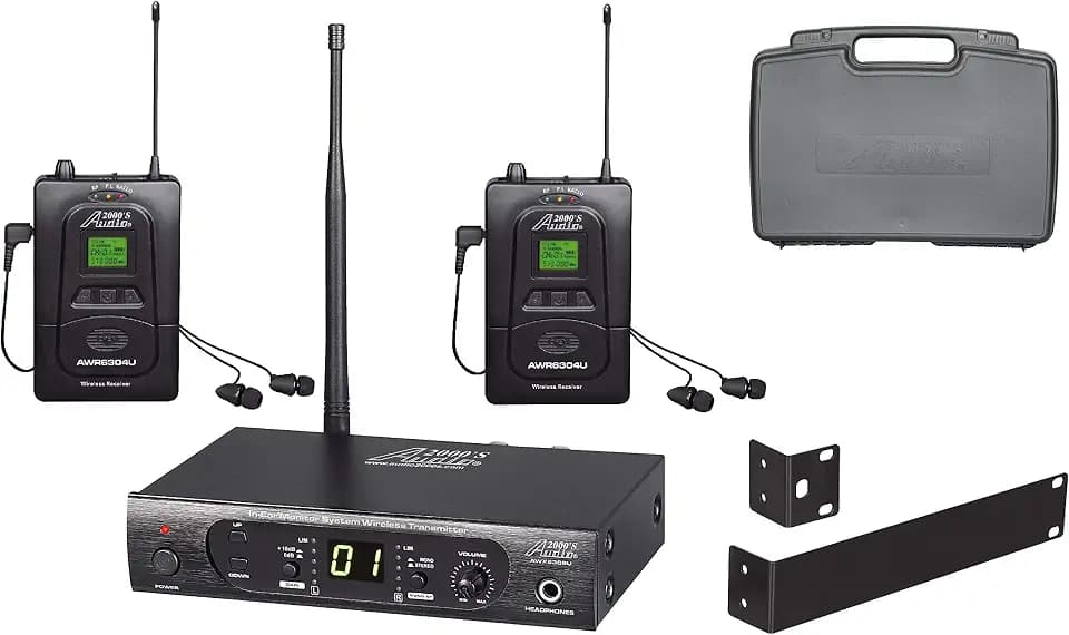 AUDIO 2000'S AWM6309U UHF 100 Selectable Frequency Wireless in-Ear Monitor System with Two Wireless Receivers and a PVC Carrying Case