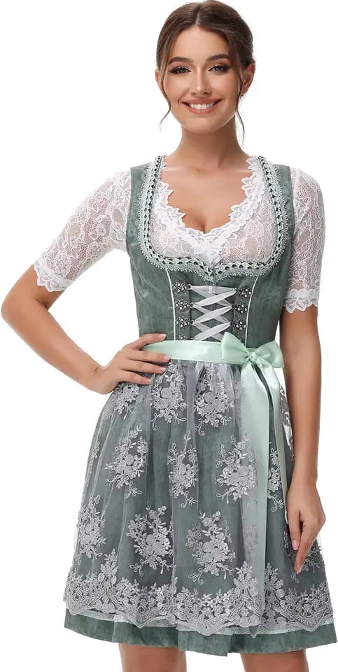 TrendiMax Trachten Damen Dirndl Midi Dirndlkleid Trachtenkleid Elegantes Kleid für Oktoberfest, inkl. Spitzenschürze Gr.34-46 - 50CM