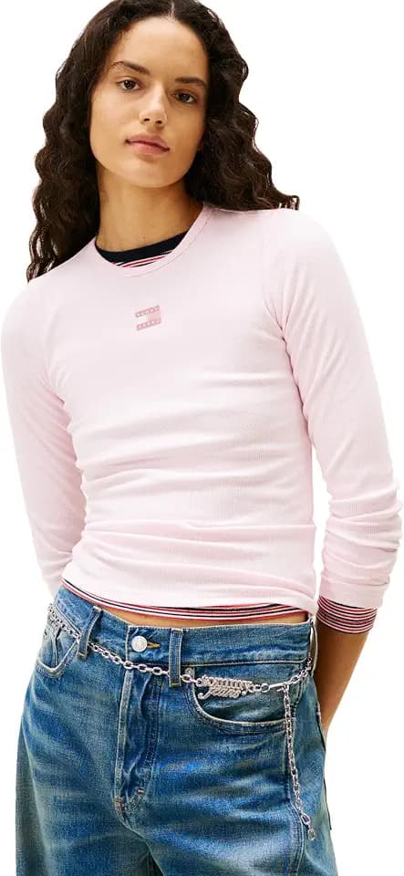 Tommy Jeans Women's Long Sleeve Ribbed Graphic Tee with Embroidered Flag Detail