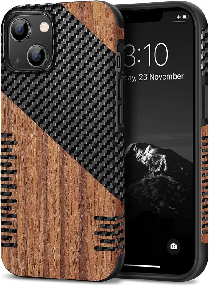 TENDLIN Compatible with iPhone 14 Case Wood Grain with Carbon Fiber Texture Design Leather Hybrid Slim Case (Twill)