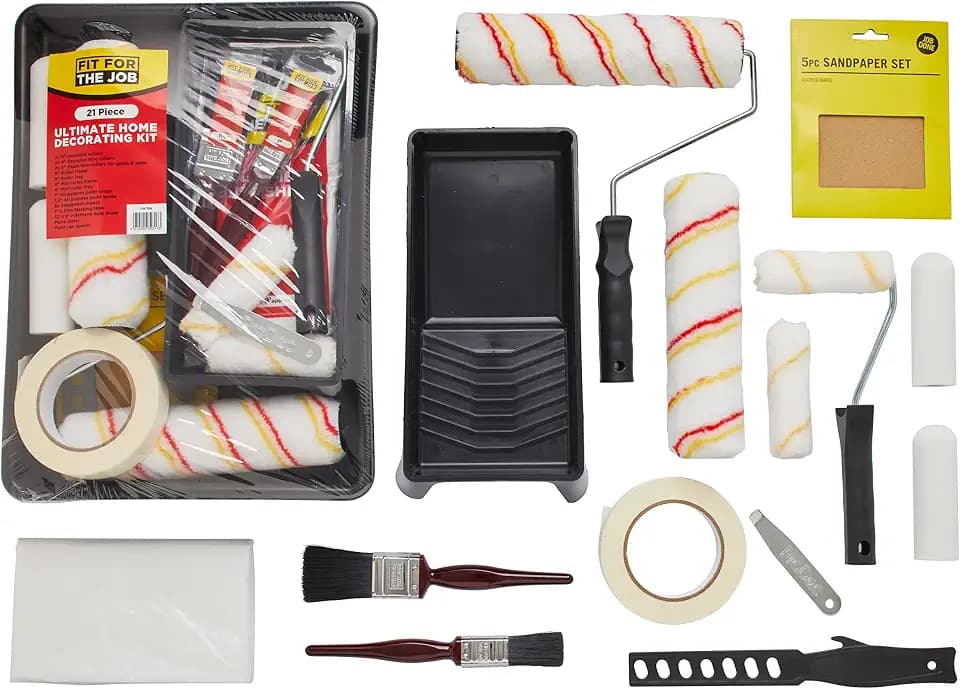 Fit For The Job 21-teiliges Farbroller- und Schalenset, Pinsel, Staubblatt | Schleifpapier, Klebeband, etc., Rollensets für Wänden und Decken mit Dispersionsfarben, Mini-Rollen für Holz und Metall