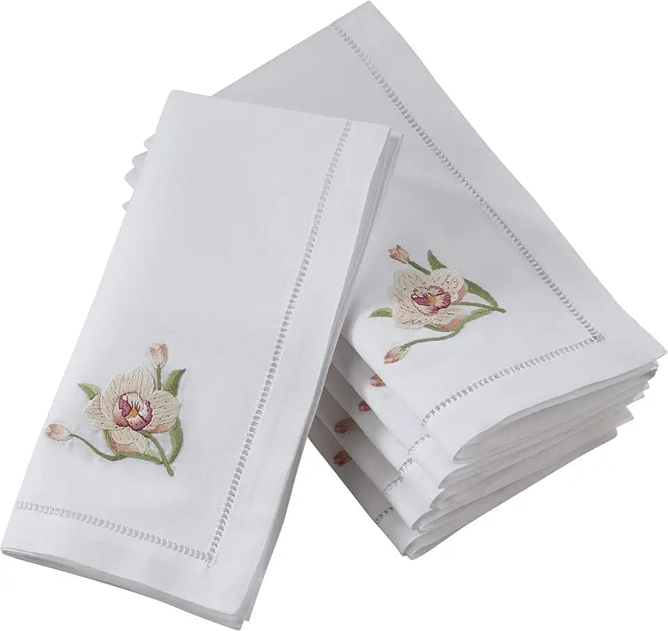 Handmade Pink Orchid Embroidery Napkin with Hemstitched Border (Set of 6)