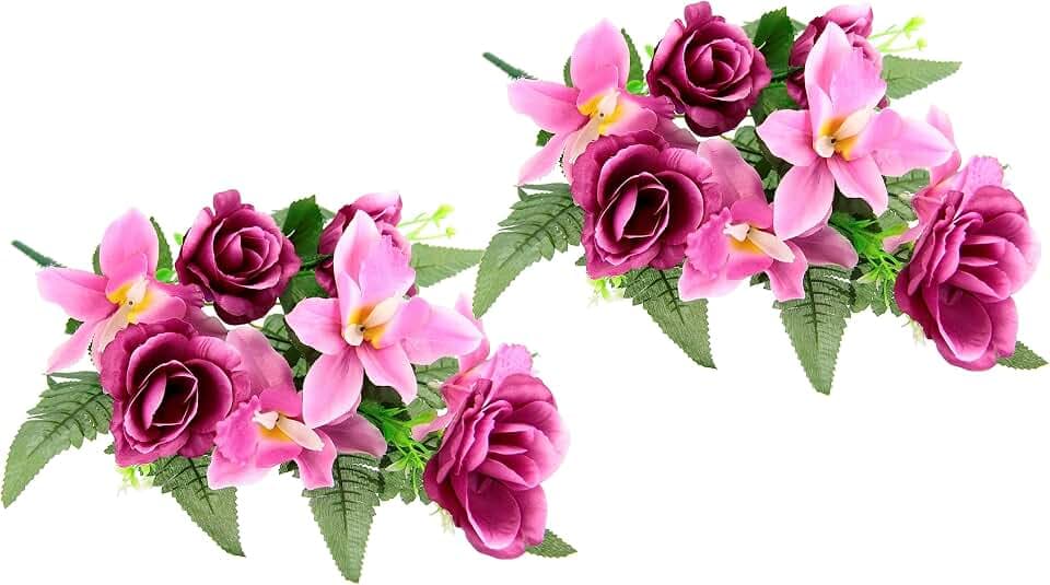 Kunstblumenstrauß mit künstlichen Rosen Lilien Aufleger Gesteck Rose Kunstblume Arrangement Bouquet Strauß Grabdekoration Grableger Grabschmuck Friedhofsgesteck, Grabblume Orchideen/Rosen