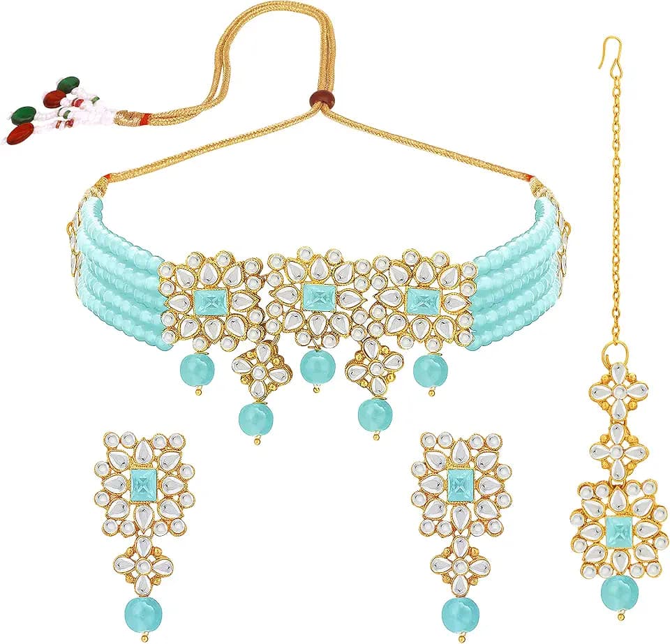 Aheli Ethnic Indian Necklace Earring Maang Tikka Set Traditional Bollywood Bharatanatyam jewellery set Gift for Women Blue
