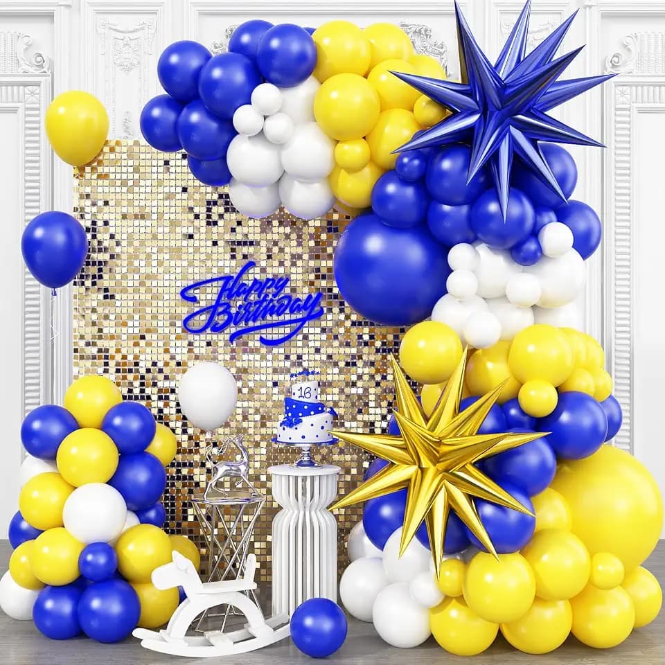 Royal Blue Yellow White Balloon Arch Kit with Foil Star Balloons