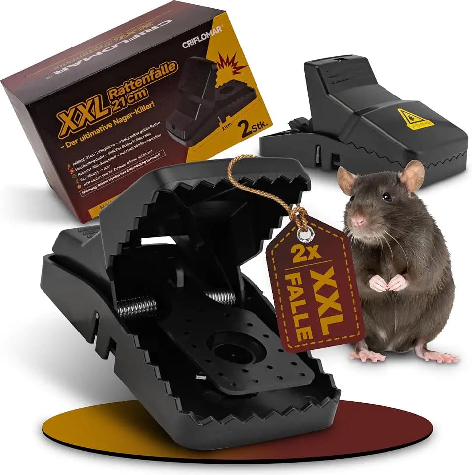 XXL Rattenfalle 21cm – 2er Pack Große Schlagfalle für Ratten, Wiederverwendbar, Heavy Duty, Effektive Falle, Schwarz