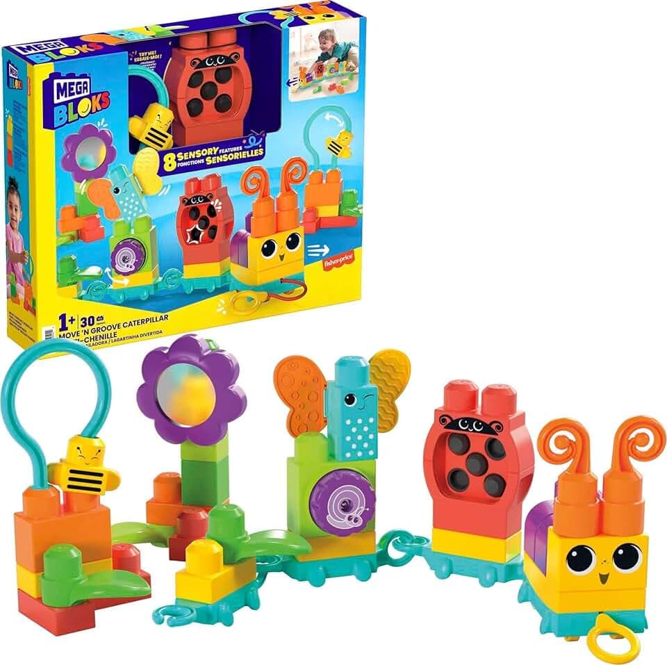 MEGA First Builders HKN44 - MEGA BLOKS Sensorikspielzeug für Kleinkinder, Bewegungsraupe mit Bauklötzen und Zugschnur für Bewegung, Konstruktionsspielzeug für Kinder ab 12 Monaten