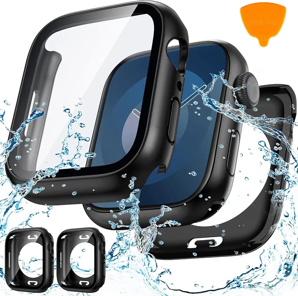 Goton 2-Pack for Apple Watch Screen Protector Case 45mm Series 9/8/7, Waterproof PC Bumper with Tempered Glass for iWatch 45 mm, 360° Full Cover, Shockproof Scratch-Resistant, Easy Install