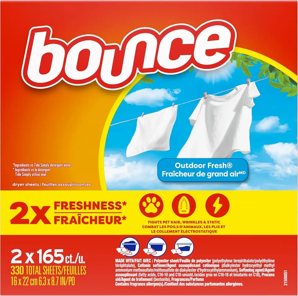 Bounce Dryer Sheets, 330 count, Outdoor Fresh Scent, Fabric Softener Sheets, Reduces Static, Softens and Fights Wrinkles