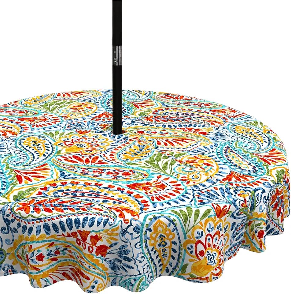 LVTXIII Outdoor/Indoor Round Tablecloth, Patio Stain Resistant Table Covers with Umbrella Hole Picnic Table Cloth with Zipper for Patio Garden Buffet Table Decoration, 60", Round, Paisley Multi