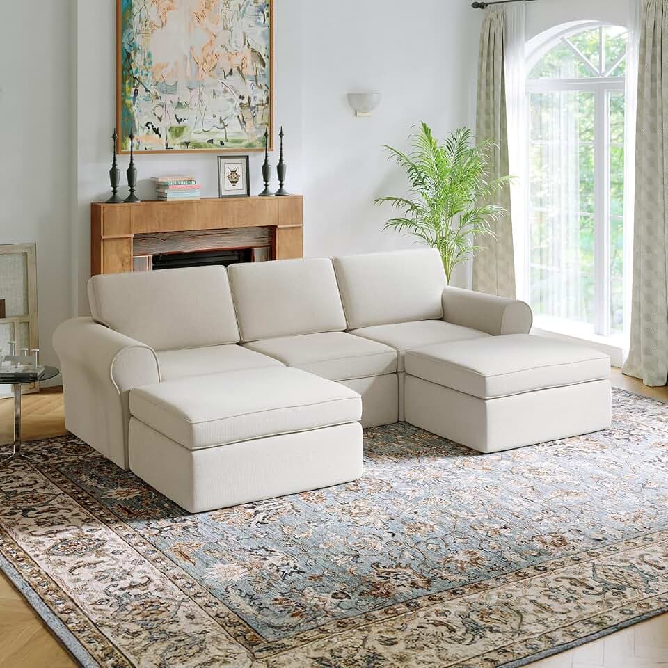 Novilla 108" Modular Sectional Sofa, Modular Sectional Couches for Living Room, Chenille Removable Cover Boneless Couch with Smarts Coil® Support U-Shaped Couch(Beige, 3 Seater + 2 Ottoman)