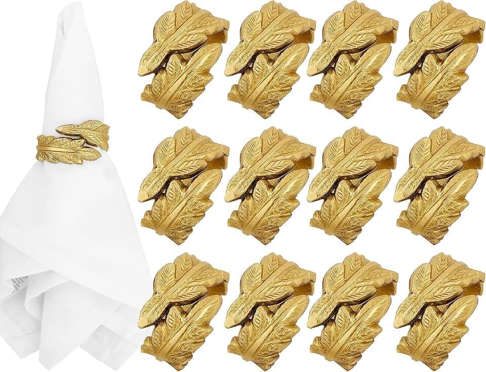 CLEENTABLE Gold Leaf Napkin Rings, Set of 12